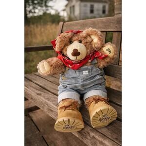 Vintage 1980s Furskins 20” Plush Teddy Bear Overalls Boots Coleco Signed Paw